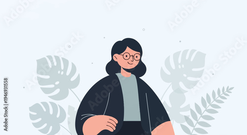 A flat illustration of a person with dark hair, glasses, and a jacket, surrounded by stylized plants