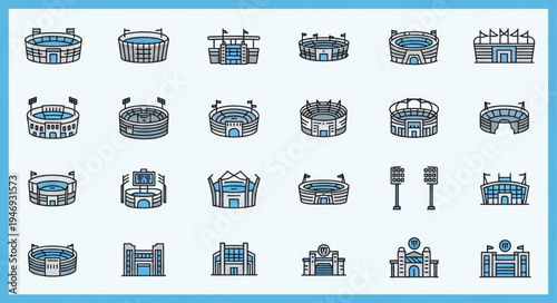 Collection of Stadium Icons - Diverse Architectural Designs for Sports and Events.