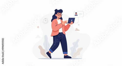 A person with dark hair and glasses, wearing a coral blazer and dark pants, uses a laptop