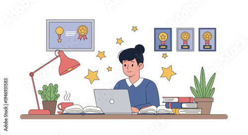 A young student happily studying on a laptop at a desk filled with books, plants, and framed awards, indicating diligent learning and academic success.