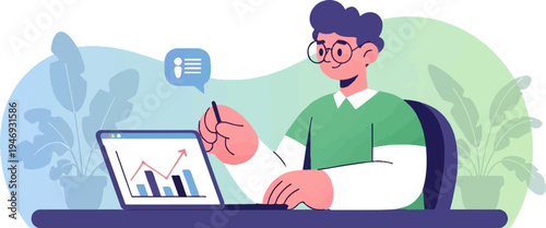 Young person with glasses reviews a graph on a laptop, surrounded by plants