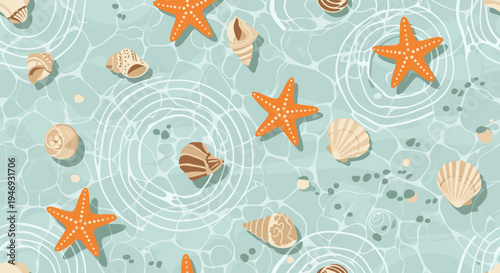 Seamless top-down pattern of seashells and starfish in calm turquoise water with gentle ripples creating a serene beach vibe.