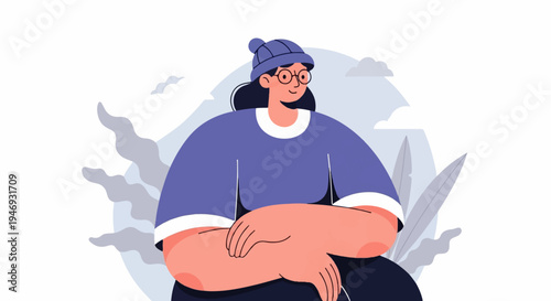 A person with a beanie and glasses, sitting peacefully amidst abstract natural elements