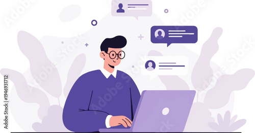 A person with glasses smiles while typing on a laptop, surrounded by abstract shapes