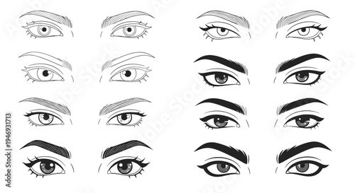 Set of beautiful female eyes with various makeup styles and expressions created in a detailed hand-drawn sketch or engraving style.