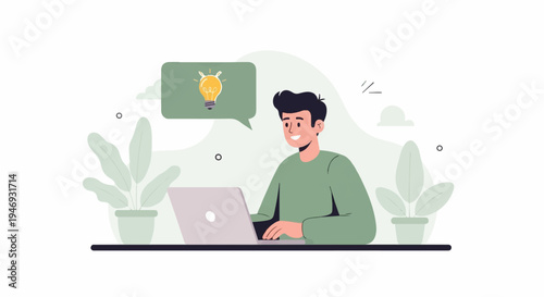 A man smiles while working on a laptop, with a bright idea symbol in a speech bubble above
