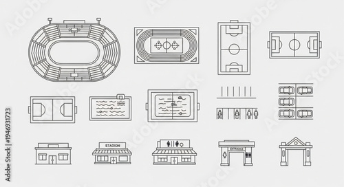 Architectural Drawings of Sports Venues and Fields in Detailed Outlines.
