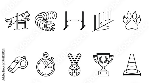 A collection of clean, modern line art icons depicting elements of dog agility training and competition, including obstacles, trophies, and a stopwatch.