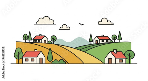 Idyllic Countryside Landscape with Houses, Trees, and Rolling Hills Illustration.