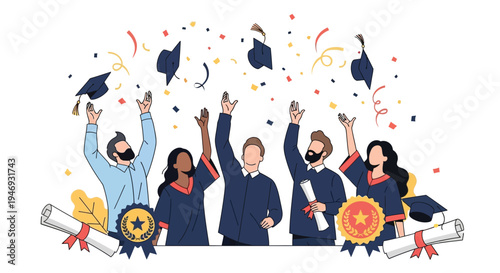 A group of smiling graduates in dark robes joyfully toss their caps and diplomas in the air, celebrating their academic accomplishments with scrolls and awards.