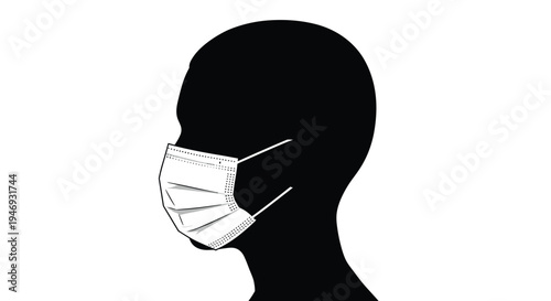 Black silhouette of a person's head in profile wearing a white disposable medical face mask for protection against viruses.