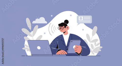 Person interacting with digital devices, surrounded by abstract shapes and foliage