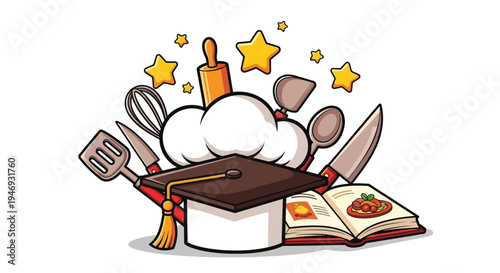 A vibrant arrangement of culinary tools, a graduation cap, and an open cookbook filled with a delicious meal, representing culinary education and expertise.