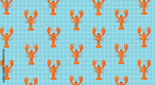 Seamless pattern of bright orange lobsters arranged neatly on a light blue background with a white grid for a nautical theme.