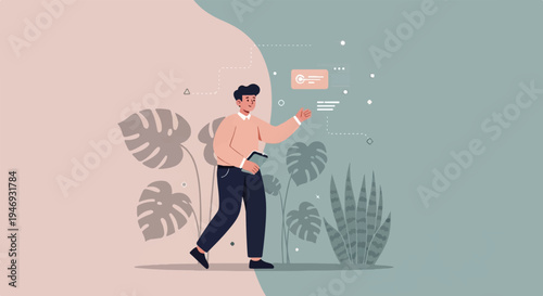 Modern illustration of a man with a tablet, gesturing towards abstract data and surrounded by stylized plants