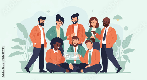 Diverse group of colleagues collaborating on a project, sharing ideas and data