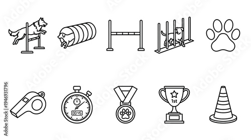 A collection of line art icons illustrating dog agility sports, including jumps, tunnels, poles, a stopwatch, whistle, trophy, medal, and paw print, perfect for sports and pet-related themes.