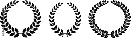 Set of Three Black Laurel Wreath Silhouettes Featuring Elegant Leafy Branches Isolated on White Background for Award Victory Heraldry and Professional Organic Branding Illustration