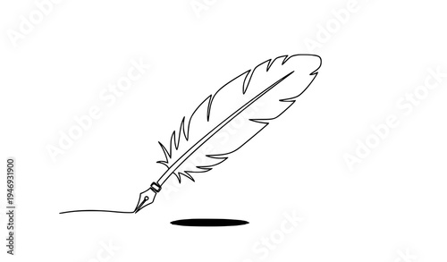 Continuous one line drawing quill pen feather writing tool outline vector illustration