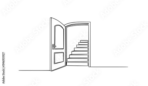 Minimal continuous line art doorway with staircase concept vector illustration
