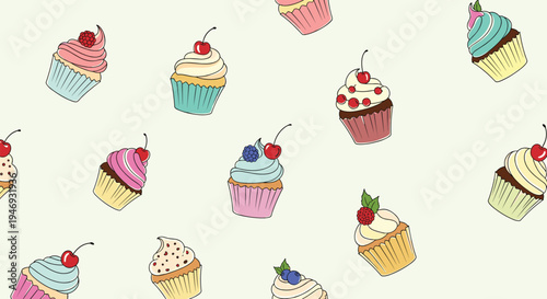 Seamless pattern of delicious hand-drawn cupcakes with various frostings and toppings scattered on a light green background.