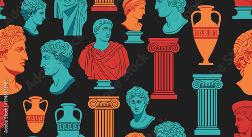 Seamless pattern of colorful ancient Greek and Roman sculptures busts vases and columns on a solid dark gray background.