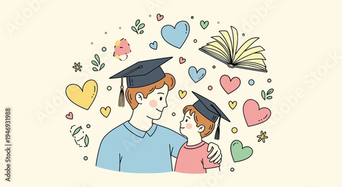 A heartwarming illustration depicts an adult and a child proudly wearing graduation caps surrounded by floating hearts and an open book symbolizing love for education and future aspirations.
