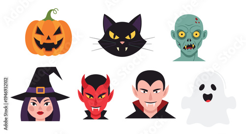 Set of seven flat design Halloween character icons including a pumpkin cat zombie witch devil vampire and a ghost.