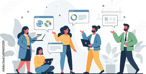 Diverse professionals collaborate on data analysis and project planning, using technology