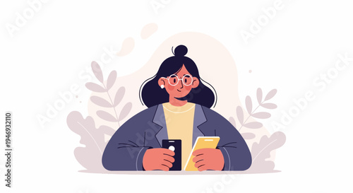 A woman in glasses and a blazer holds two phones amidst decorative foliage