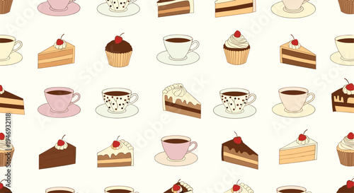 Seamless pattern with delicious hand-drawn slices of cake cupcakes and coffee cups on a light cream-colored background.