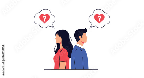 Man and woman standing apart with thought bubbles containing question marks inside hearts illustrating romantic doubt or confusion.