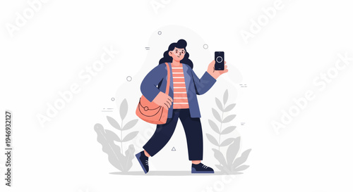 Person with smartphone walking amidst stylized foliage and abstract shapes