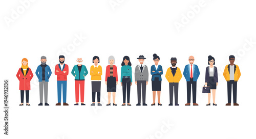 A diverse group of cartoon people of different ages and professions standing together in a line on a white background.