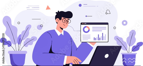 Person in glasses working on laptop and analyzing charts with plants