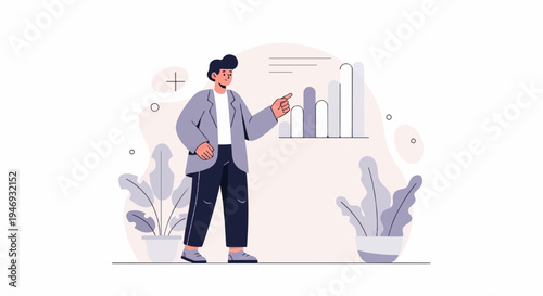 A man in a suit points to a bar chart