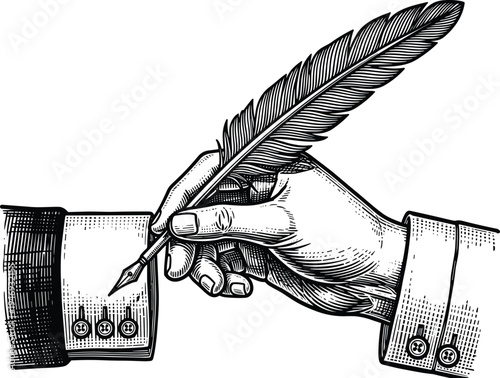 Vintage Woodcut Illustration of a Formal Hand Holding a Quill Pen Writing Isolated on White Background for Literary Branding Professional Signature and Retro Design