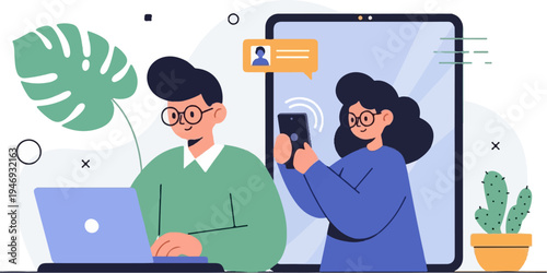 Flat style illustration of two people interacting with technology, surrounded by plants and abstract shapes