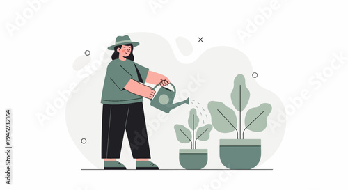 Person in hat waters potted plants