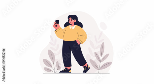 A woman in a yellow sweater and dark pants holds a phone in a stylized outdoor setting