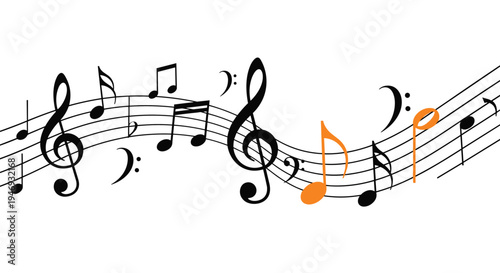 Flowing musical staff with black notes and clefs featuring a few bright orange notes to highlight a specific melody or concept.