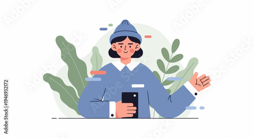 Person with phone, wearing hat and blue sweater, surrounded by green leaves