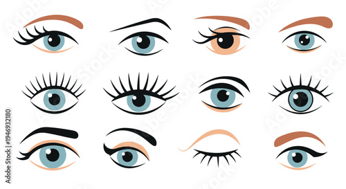 A collection of twelve different cartoon female eyes showing various shapes expressions long lashes and colorful eyebrows.