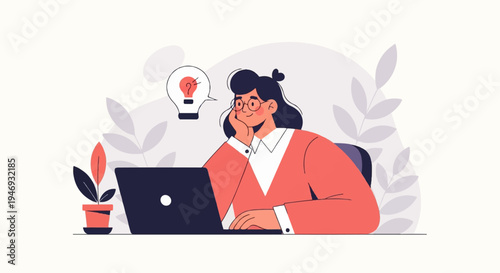 A woman in glasses at a laptop, with a lightbulb symbolizing an idea