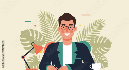 A smiling person in glasses wearing a suit sits at a desk with a lamp and coffee