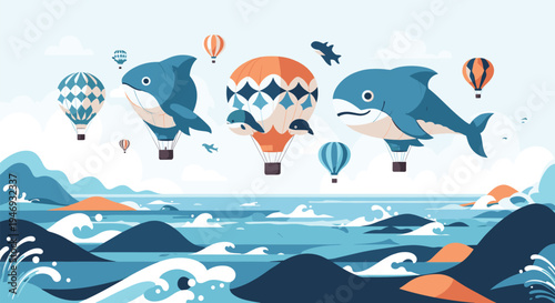 A whimsical fantasy illustration of large whale and shark shaped hot air balloons flying over a stylized wavy blue ocean.