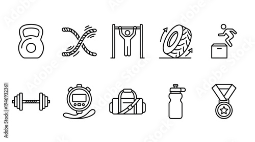 Collection of simple black line art icons representing fitness equipment and activities like kettlebell, dumbbell, jump box, and stopwatch.