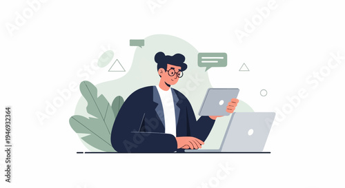 Person working on laptop and tablet with communication bubbles