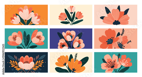 A collection of nine vibrant floral compositions on rectangular cards featuring stylized flowers and leaves in a modern flat design.