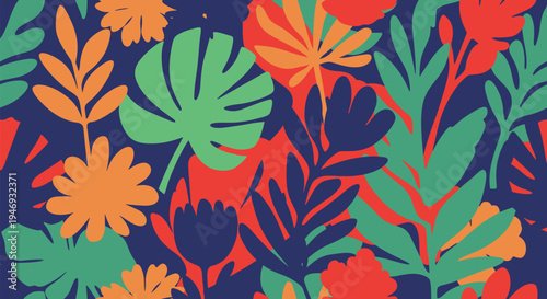 A vibrant and bold seamless pattern of abstract tropical leaves and flowers in a contemporary silhouette style on a dark background.